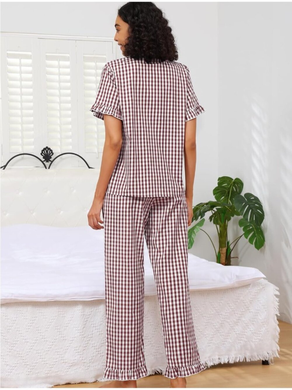 Women's Black & White Cotton Button Down Shirt Sleepwear 2 Piece Pajamas Set - Picture 7 of 7
